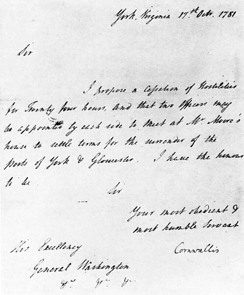 General Cornwallis note to George Washington proposing a truce
