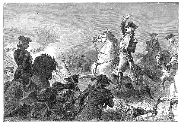 General George Washington at the Battle of Monmouth, New Jersey, 28 June 1778. Wood engraving, 19th century