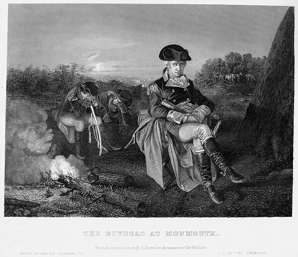 General George Washington at camp before the Battle of Monmouth, New Jersey, 28 June 1778. Steel engraving, American, 1856