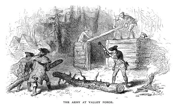 General George Washingtons army building rude log huts at Valley Forge during the winter of 1777-78. Wood engraving, 19th century