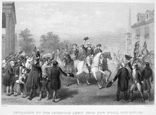General George Washingtons triumphal entry into New York, 25 November 1783, after the evacuation of the city by the British. Steel engraving, 19th century