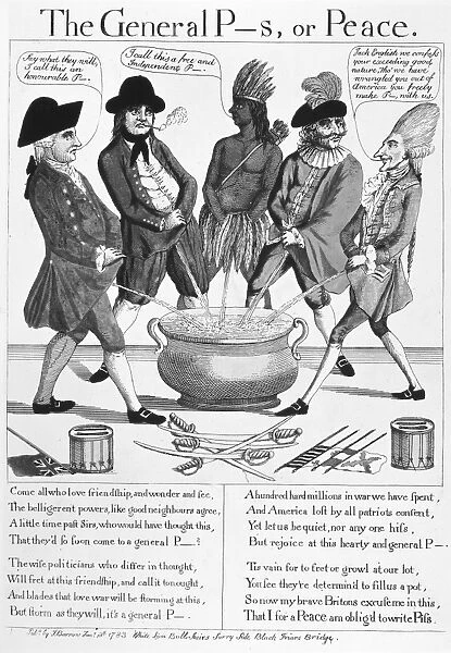 The General P__s, or Peace. Satirical English cartoon, 1783, showing the Americans, British and French urinating into a common pot during negotations for the Treaty of Paris at the conclusion of the American Revolutionary War