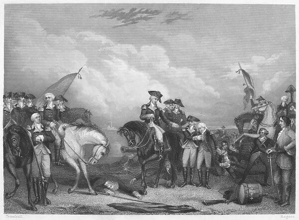 General Washington accepting surrender from the mortally wounded Hessian Colonel Rall at the Battle of Trenton, 27 December 1776. Steel engraving, 19th century, after a painting by John Trumbull