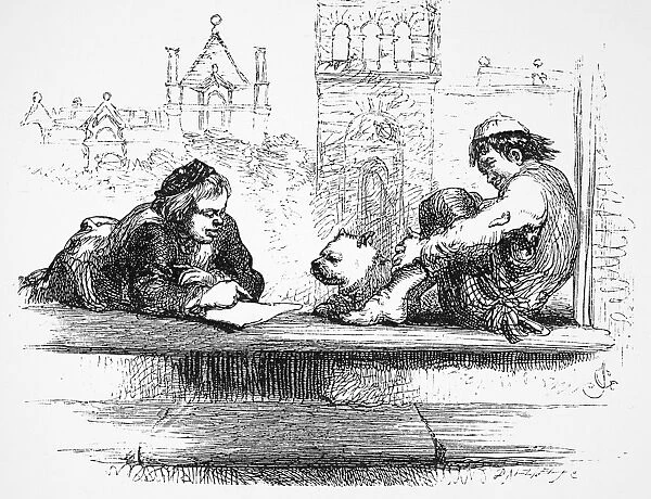 TWO GENTLEMEN OF VERONA. The servants Speed (Left) and Launce, with his dog Crab (Act III, Scene I). Wood engraving, late 19th century, after Sir John Gilbert for William Shakespeares play