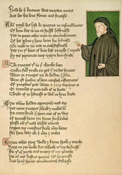 GEOFFREY CHAUCER (1340-1400). English poet. Illumination from the early 15th century manuscript of Thomas Hoccleves De Regimine Principum