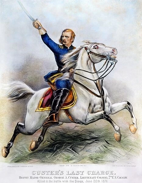 GEORGE ARMSTRONG CUSTER (1839-1876). American army officer. Custers Last Charge: lithograph, 1876, by Currier & Ives