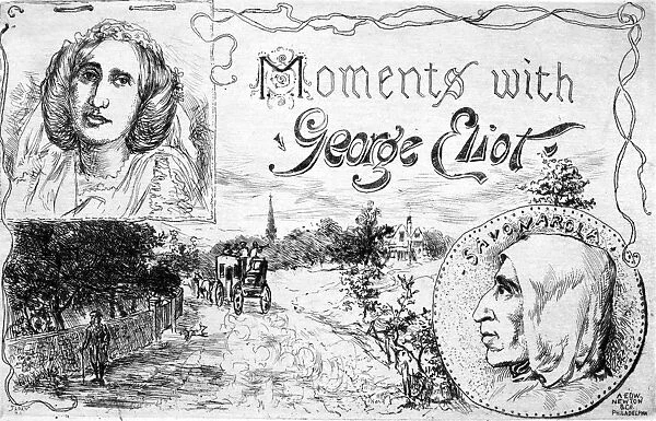 GEORGE ELIOT (1819-1880). Pseudonym of Mary Ann Evans Cross. Title page illustration to a collection of her works, Moments with George Eliot, 1893. Etching by John Sloan
