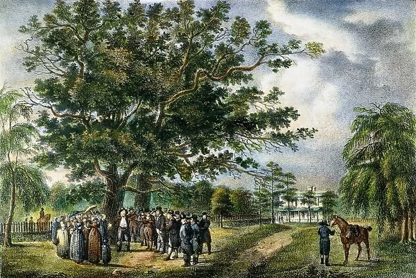 GEORGE FOX (1624-1691). Preaching the Quaker Gospel under the oak trees of Flushing, New York