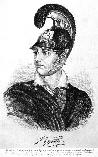 GEORGE GORDON BYRON (1788-1824). 6th baron Byron. English poet. Lord Byron wearing a Greek helmet. Etching, 19th century
