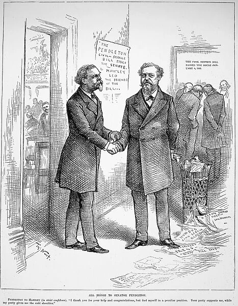 GEORGE HUNT PENDLETON (1825-1889). American politician. Cartoon, 1883, by Thomas Nast, showing U