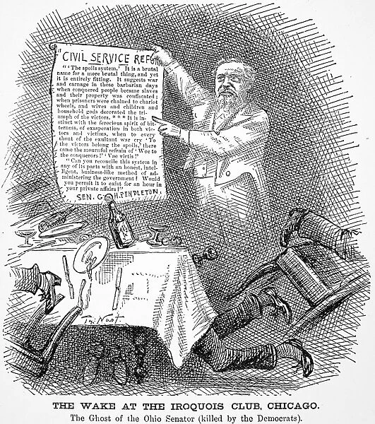 GEORGE HUNT PENDLETON (1825-1889). American legislator. Cartoon, 1884, showing the ghost of U