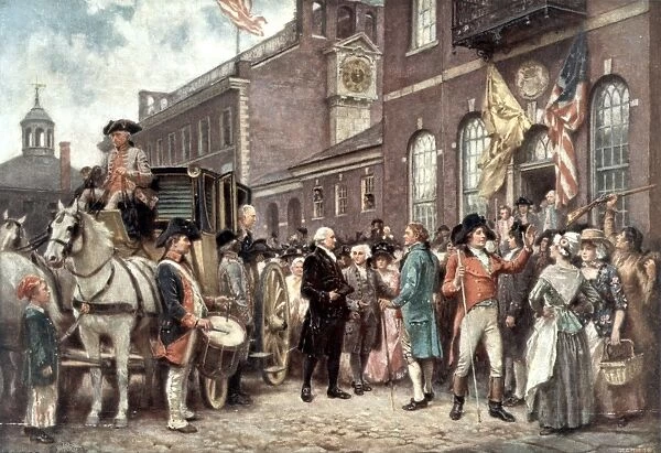 GEORGE WASHINGTON (1732-1799). 1st President of the United States. President George Washington arriving at Congress Hall in Philadelphia on 4 March 1793 for his second inauguration. After a painting by J. L. G. Ferris