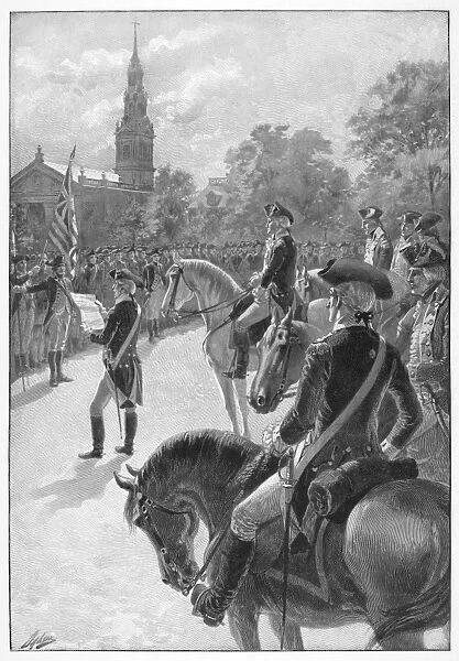 George Washington assuming command of the Continental Army at Cambridge, Massachusetts, 1775. Line engraving, late 19th century, after Henry A. Ogden