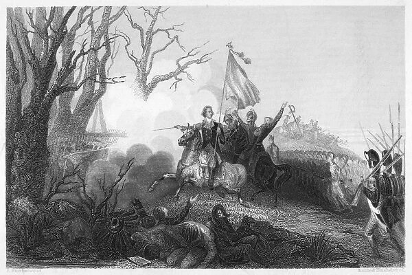 George Washington at the Battle of Princeton, 3 January 1777. Engraving, 19th century