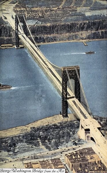 GEORGE WASHINGTON BRIDGE. The bridge across the Hudson River, opened for traffic in 1931, connecting upper Manhattan with New Jersey. Aerial view from the New York side showing the Palisades in New Jersey, c1932