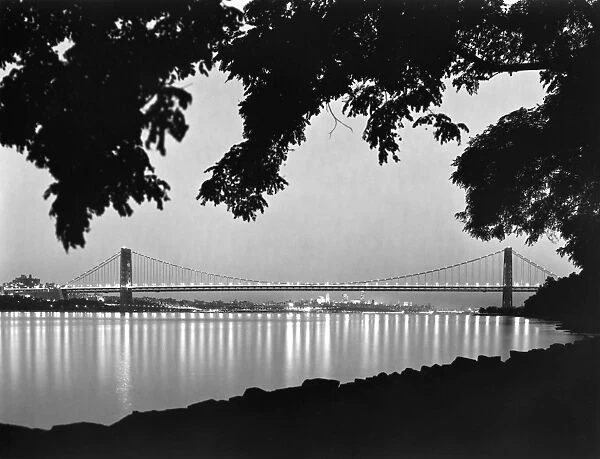 GEORGE WASHINGTON BRIDGE. Looking south at the Hudson River shore from the New Jersey Palisades in 1964