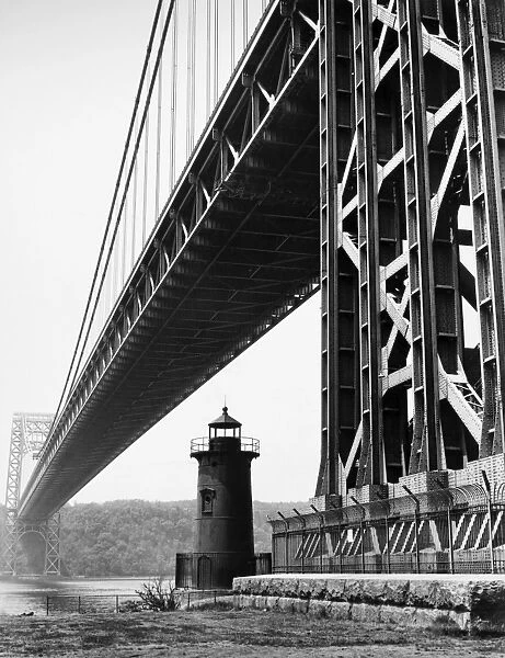 GEORGE WASHINGTON BRIDGE. Looking west toward New Jersey in 1964, showing the Little Red Lighthouse on the Manhattan side