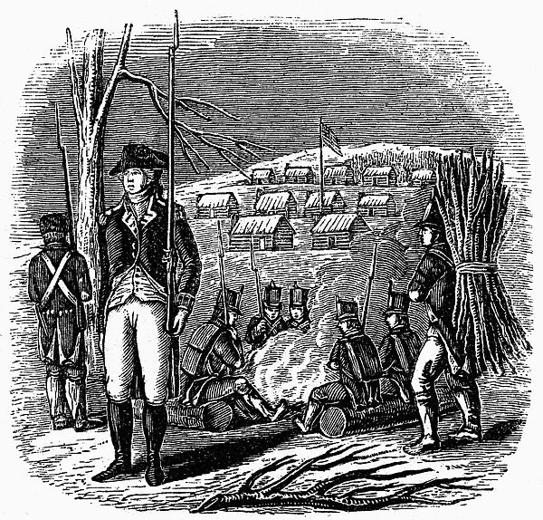 George Washington at the Continental Armys winter encampment at Morristown, New Jersey, 1777. Line engraving, 19th century