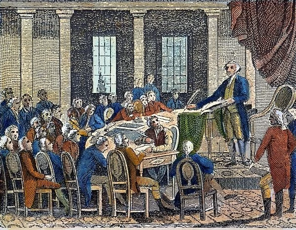 George Washington presiding at the Constitutional Convention at Philadelphia in 1787. Line engraving, American, 1823