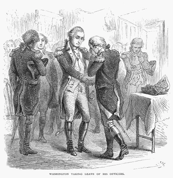 George Washington taking leave of his officers at Fraunces Tavern in New York City, 4 December 1783. Wood engraving, 19th century