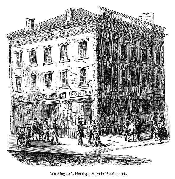 George Washingtons first headquarters in New York as commander-in-chief of the Continental Armies, located at 184 Pearl Street. Wood engraving, 1859
