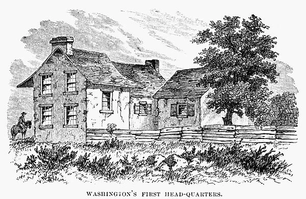 George Washingtons first headquarters at Wills Creek, near Cumberland, Maryland. Line engraving, late 1800s