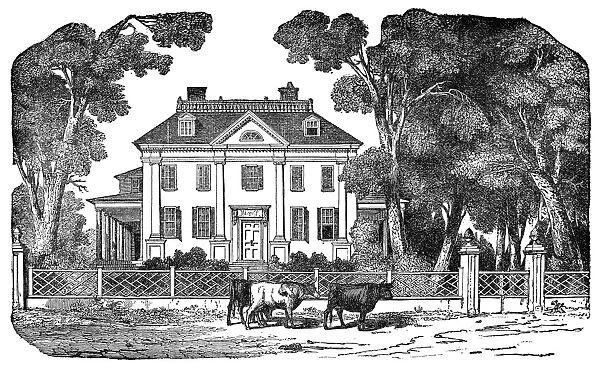 George Washingtons headquarters at Cambridge, Massachusetts. Wood engraving, 19th century