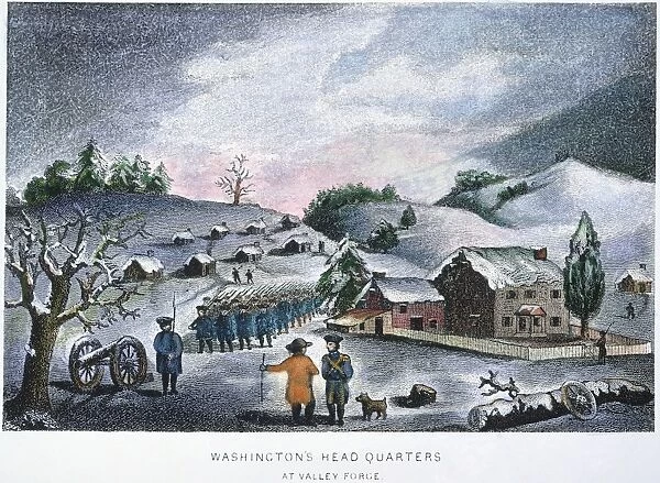 George Washingtons headquarters at snowbound Valley Forge, Pennsylvania, during the winter of 1777-78: American engraving, 19th century
