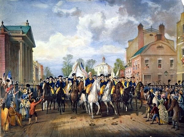 George Washingtons triumphal entry into New York City on 25 November 1783 after the evacuation of the city by the British: lithograph, 19th century