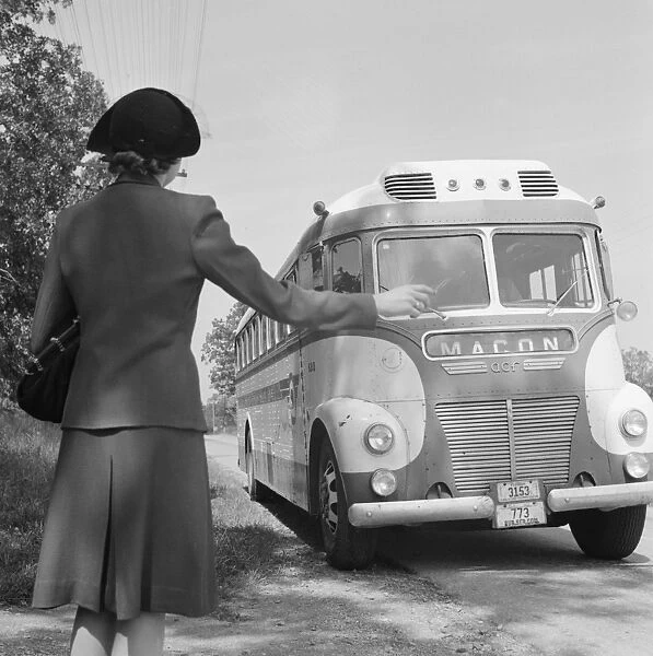 GEORGIA: BUS TRAVEL, 1943. A woman hailing a Macon-bound Greyhound bus on the highway in Georgia