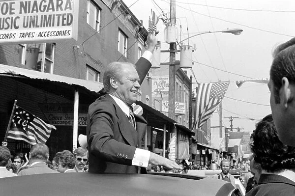GERALD FORD (1913-2006). 38th President of the United States. Waving to crowds from the sunroof of a car during a campaign stop in Philadelphia, Pennsylvania, September 1976. Photographed by Marion S. Trikosko