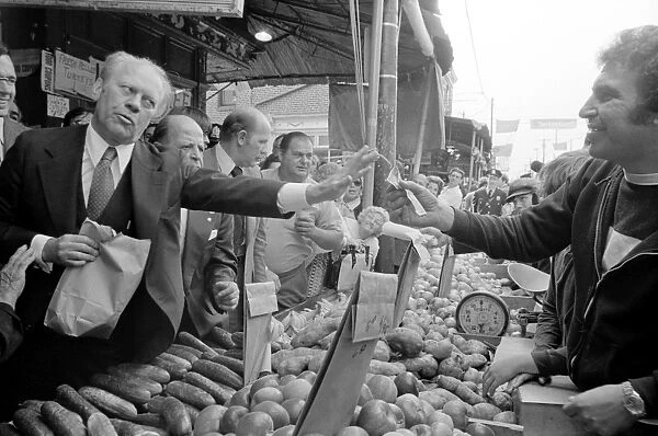 GERALD FORD (1913-2006). 38th President of the United States. Ford (left) visiting a farmers market in Philadelphia, Pennsylvania, while campaigning for president, September 1976. Photographed by Marion S. Trikosko