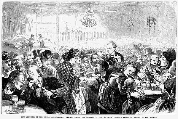 A German beer hall on the Bowery in New York City. Wood engraving, 1872