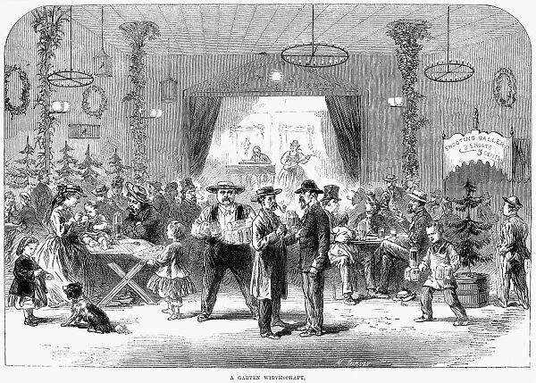 A German beer hall in New York City. Wood engraving, 1864