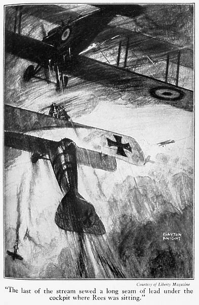 A German fighter plane fires into the bottom of an aircraft being flown by Welsh flying ace Lionel Wilmot Brabazon Rees of the Royal Flying Corps during World War I, c1916. Illustration by Clayton Knight from The Red Knight of Germany, 1927