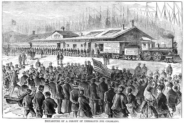 GERMAN IMMIGRANTS, 1870. German immigrants leaving Chicago, Illinois, for Colfax, Colorado. Wood engraving from an American newspaper of 1870