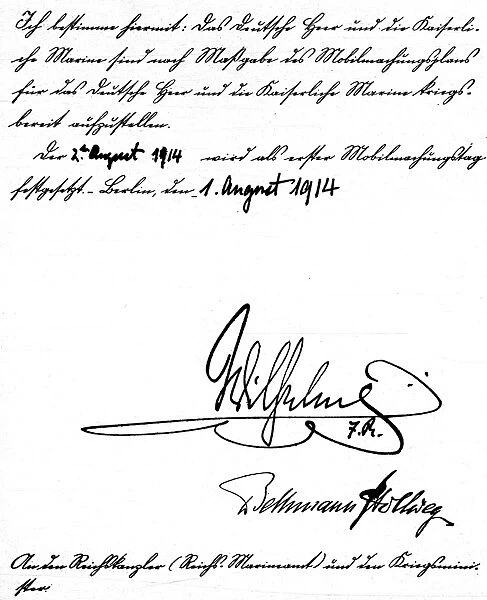 GERMAN MOBILIZATION, 1914. Document ordering mobilization of the German Army