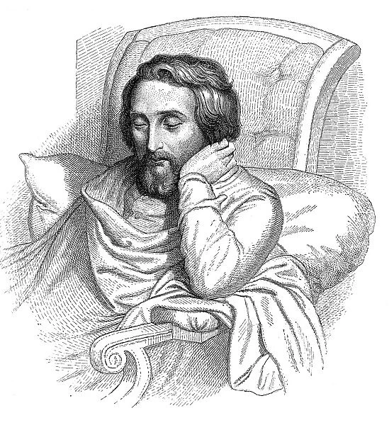 German poet and critic. On his sick-bed. Line engraving after a drawing, 1852, by Charles Gabriel Gleyre