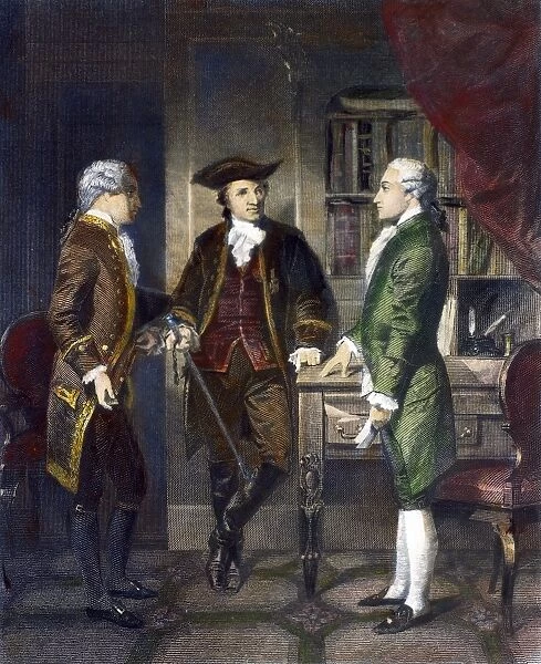 German soldier. Baron Johann de Kalb (center) introducing the Marquis de Lafayette (left) to American diplomat Silas Deane in Paris, November 1776. Steel engraving, 19th century