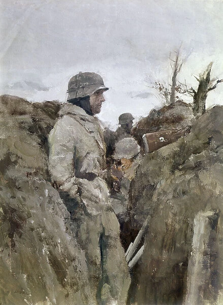 A German soldier in a trench on the Eastern Front during World War II. Painting by A. Hierl, c1945