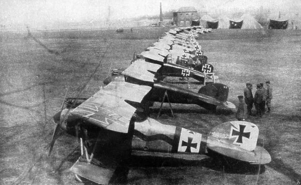 A German squadron of airplanes photographed before take-off during World War I