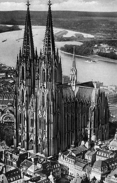 GERMANY: COLOGNE, c1920. Aerial view of the Cologne Cathedral in Cologne, Germany