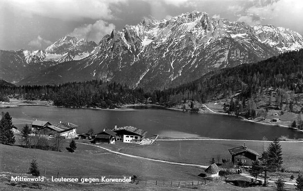 GERMANY: MITTENWALD, c1920. Lautersee Lake at the base of the Karwendel mountain