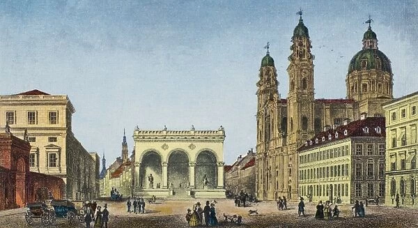 GERMANY: MUNICH, c1845. View of the Odeonsplatz in Munich, Germany, showing the Hall of Generals (center) and the Theatine Church (right). Steel engraving, c1845, by Johann Poppel