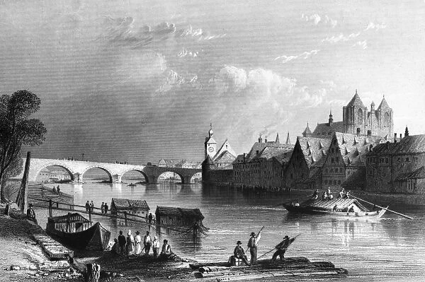 GERMANY: REGENSBURG. A view of Regensburg on the Danube River in Bavaria, Germany. Steel engraving, English, 1844, after William Henry Bartlett