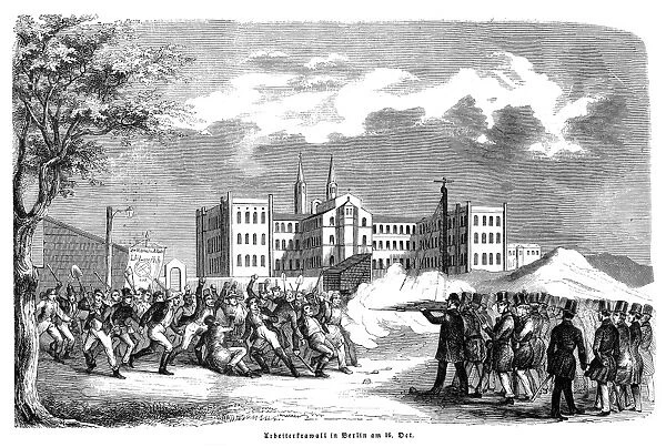 GERMANY: REVOLUTION, 1848. The outbreak of the Revolution of 1848 in Berlin, Germany. Wood engraving from a contemporary German newspaper