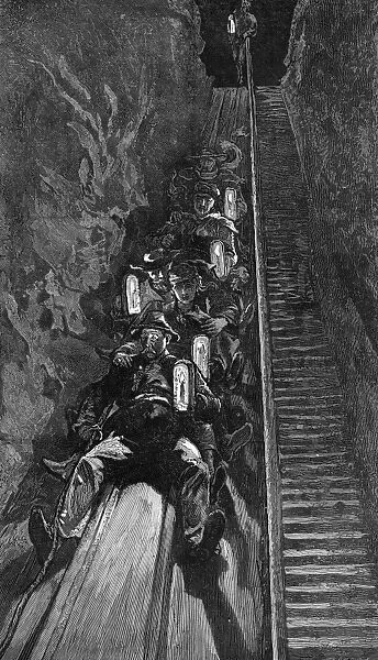 GERMANY: SALT MINE, 1875. Tourists sliding down a wooden slide to the lower level