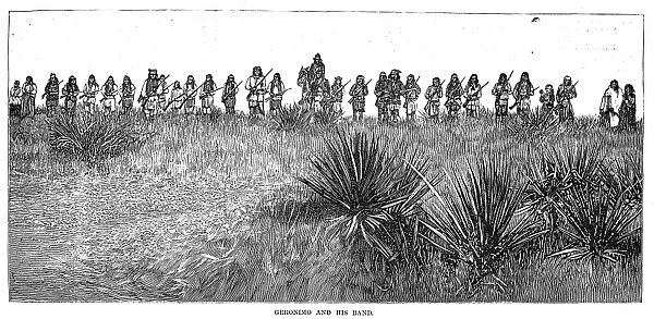GERONIMO (1829-1909). American Apache leader. Geronimo, on horseback, and his men at the time of Apache wars against the U. S. Army, 1886. Wood engraving, American, 1886