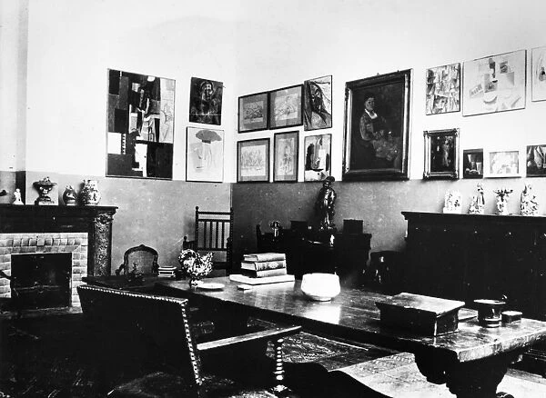 GERTRUDE STEIN (1874-1946). American writer. Interior of Steins studio at 27 Rue de Fleurus in Paris. Photograph, c1915