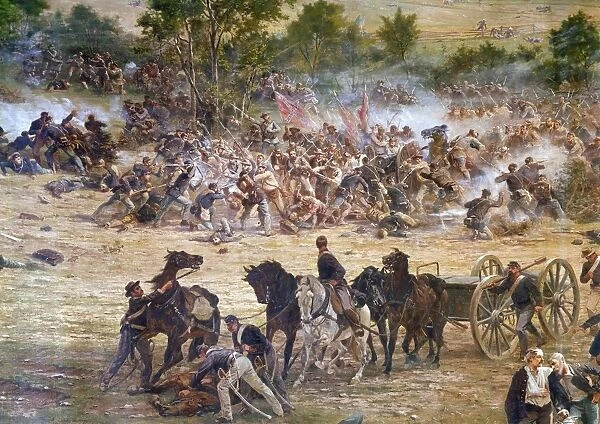 GETTYSBURG, 1863. Confederate General Lewis Addison Armistead lies mortally wounded while leading his brigade toward the Union line in Picketts Charge at the Battle of Gettysburg, Pennsylvania, 3 July 1863. Detail of cyclorama painted, 1881, by Paul Philippoteaux at Gettysburg National Military Park